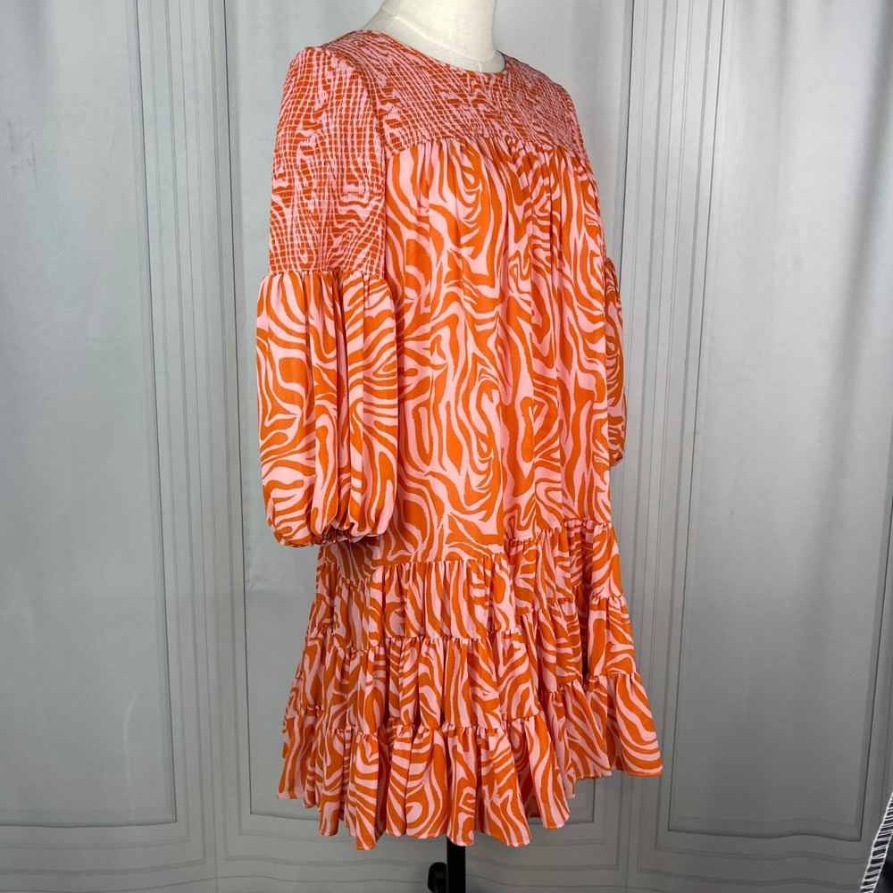 Cinq a Sept-Rika Mini Dress-Billow Sleeve/Animal Print - Pink/Orange-Size‎ 6